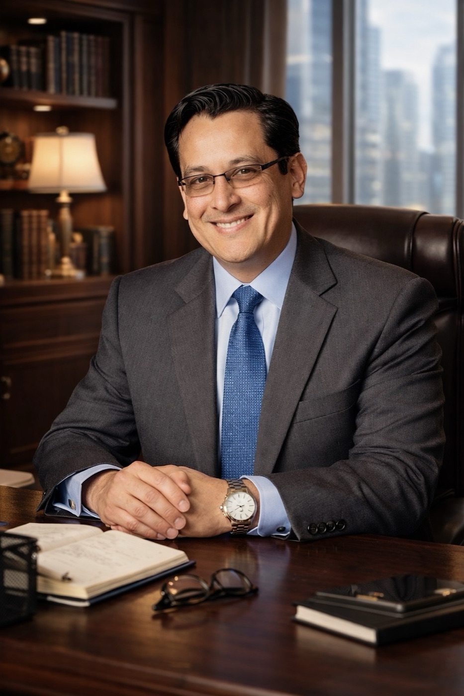 Santiago Mendoza, Jr., Founder of Teleioo Group, seated at his desk in a Houston office