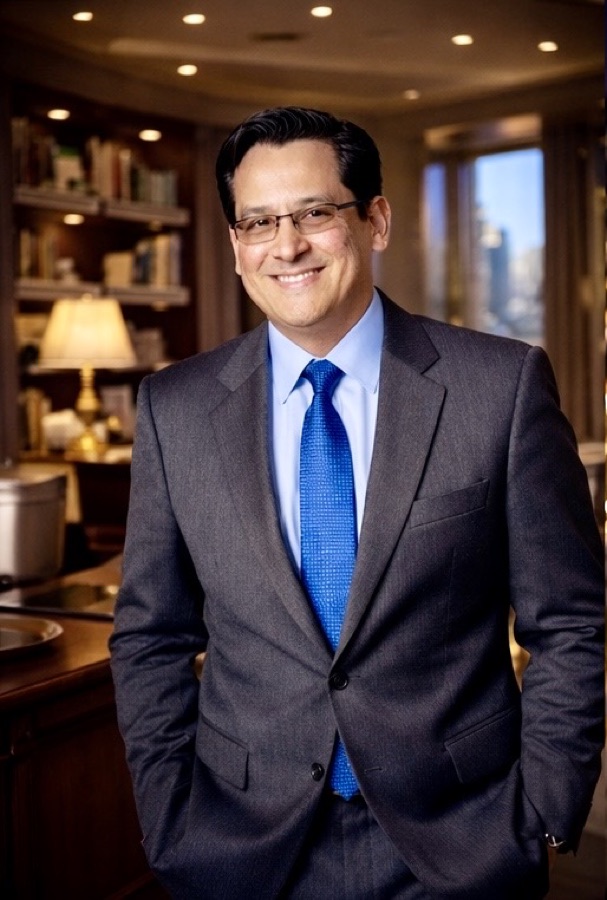 Santiago Mendoza, Jr., Founder of Teleioo Group, standing in his Houston office