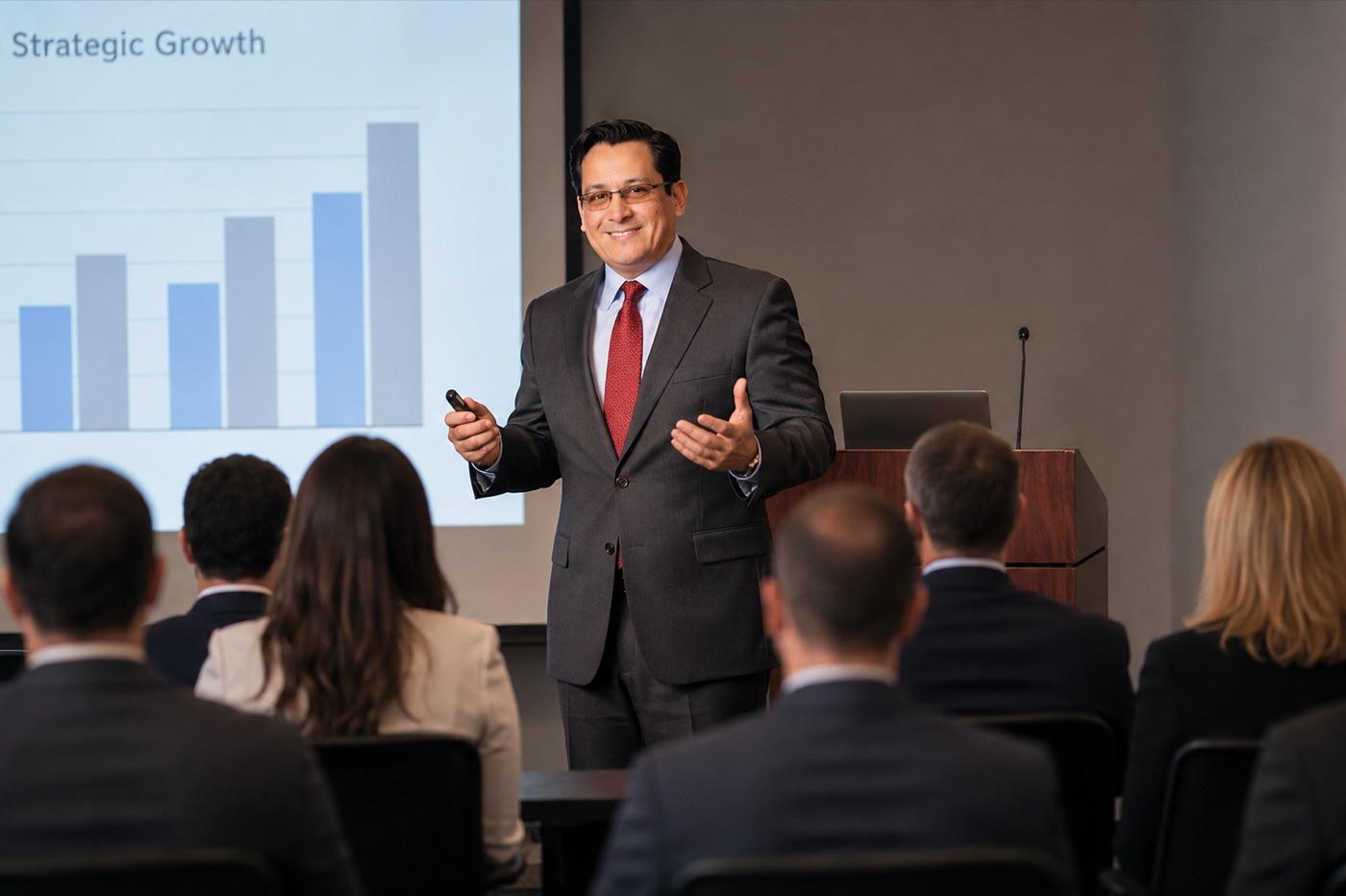 Santiago Mendoza, Jr. presenting a strategic growth plan to an executive audience